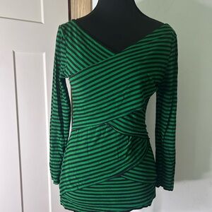 Vince Camuto Green and Black Striped Wrap-Style Long Sleeve Top Punk Whimsigoth